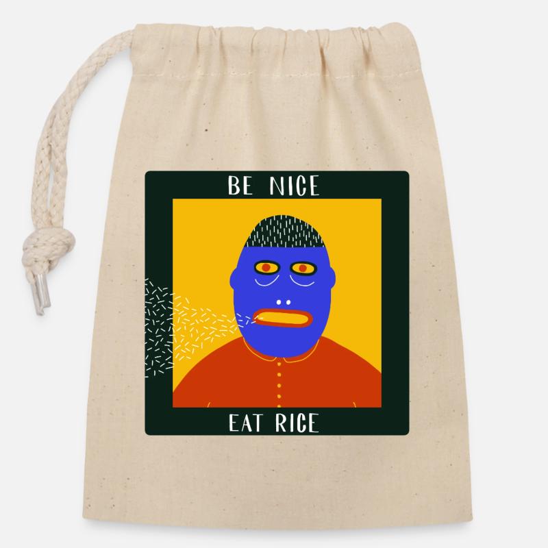 Be Nice Eat Rice: Quirky Surreal Folk Art Graphic - Closable cotton gift bag (14x20cm) - nature