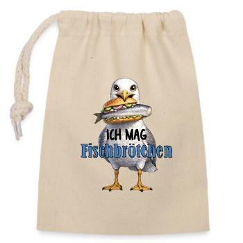 Möwe mit Fischbrötchen Illustration - Verschließbarer Geschenkbeutel aus Baumwolle (14x20cm) - Natur - Vorne