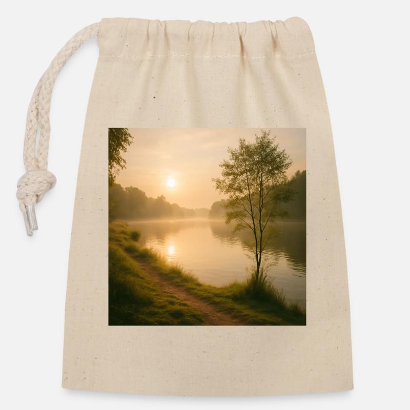Morgengold am Flusspfad - Verschließbarer Geschenkbeutel aus Baumwolle (14x20cm) - Natur
