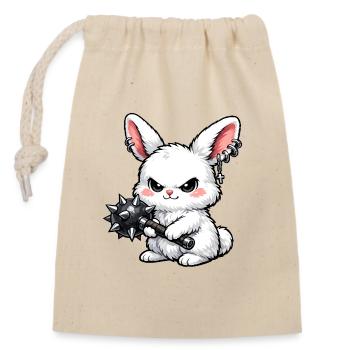 Cuddly bunny with spiked hammer - Closable cotton gift bag (14x20cm) - nature - Front