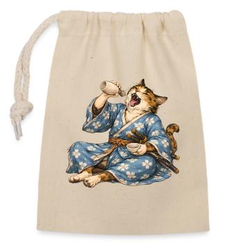 Samurai-Katzen-Sake im japanischen Ukiyo-e-Stil - Verschließbarer Geschenkbeutel aus Baumwolle (14x20cm) - Natur - Vorne