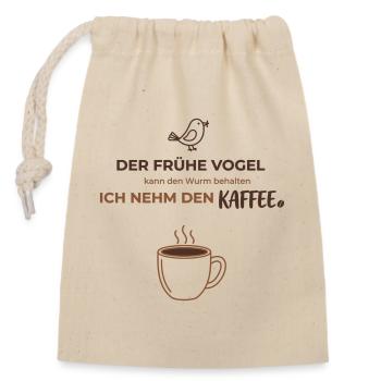 Früher Vogel & Kaffee | Minimalistisches Design - Verschließbarer Geschenkbeutel aus Baumwolle (14x20cm) - Natur - Vorne