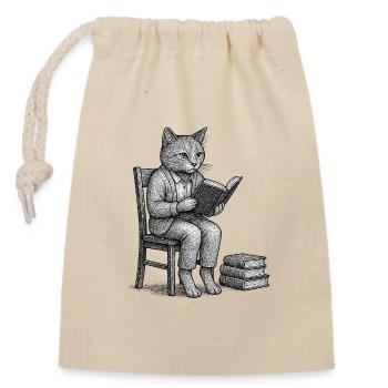 Bookish Cat in Suspenders - Closable cotton gift bag (14x20cm) - nature - Front