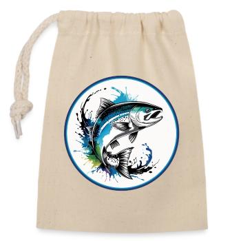 Springender Lachs - Verschließbarer Geschenkbeutel aus Baumwolle (14x20cm) - Natur - Vorne