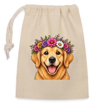Chien souriant avec décoration florale - Sac cadeau en coton avec cordon (14 x 20 cm) - nature - Devant