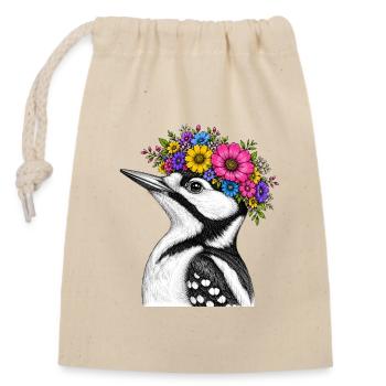 Oiseau à la couronne de fleurs - Sac cadeau en coton avec cordon (14 x 20 cm) - nature - Devant