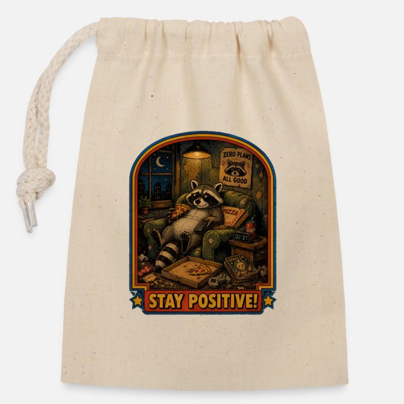 Raccoon Pizza Night Stay Positive - Closable cotton gift bag (14x20cm) - nature