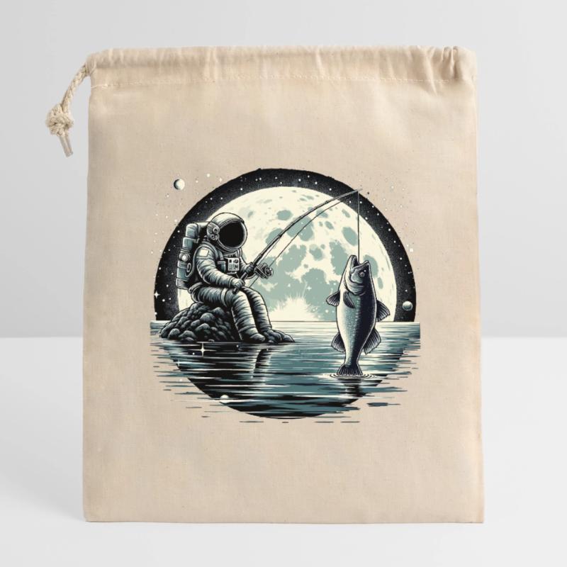 Astronaute pêche sur la Lune : conception spatiale Sac cadeau en coton avec cordon (14 x 20 cm)
