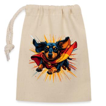 Superhelden-Dackel Cape - Verschließbarer Geschenkbeutel aus Baumwolle (14x20cm) - Natur - Vorne