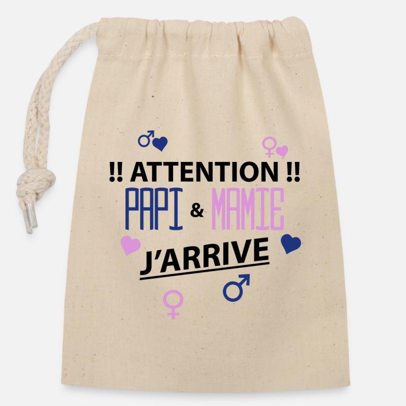papi mamie j'arrive - Sac cadeau en coton avec cordon (14 x 20 cm) - nature
