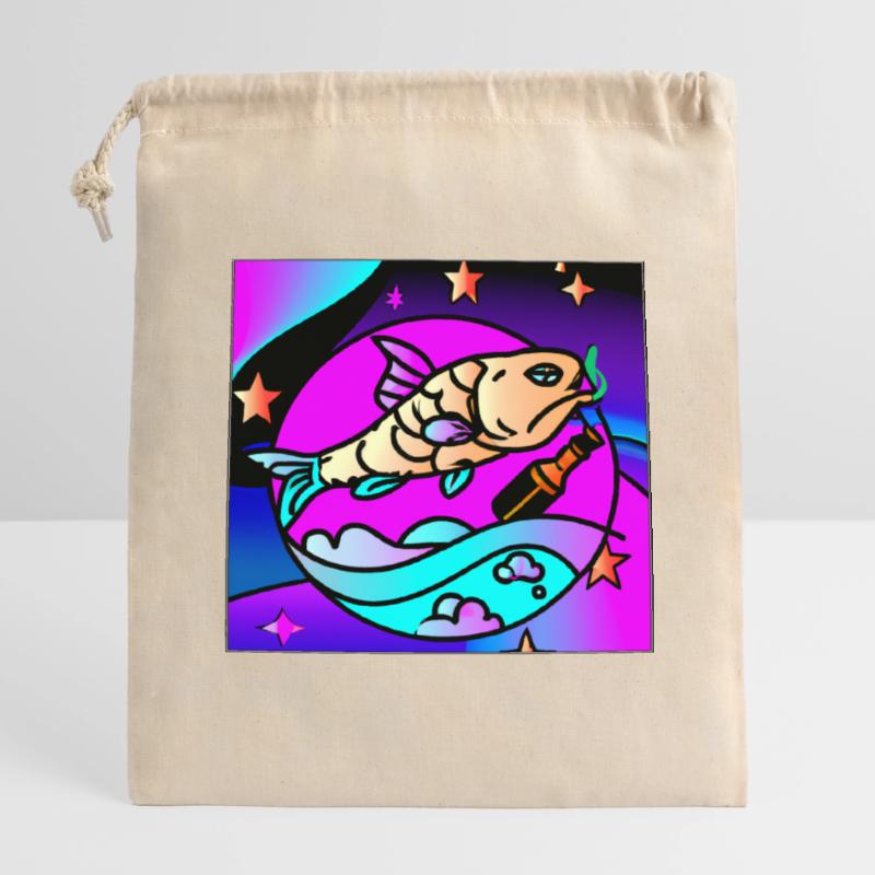Drunk vaperwave/retrowave fish. Closable cotton gift bag (14x20cm)