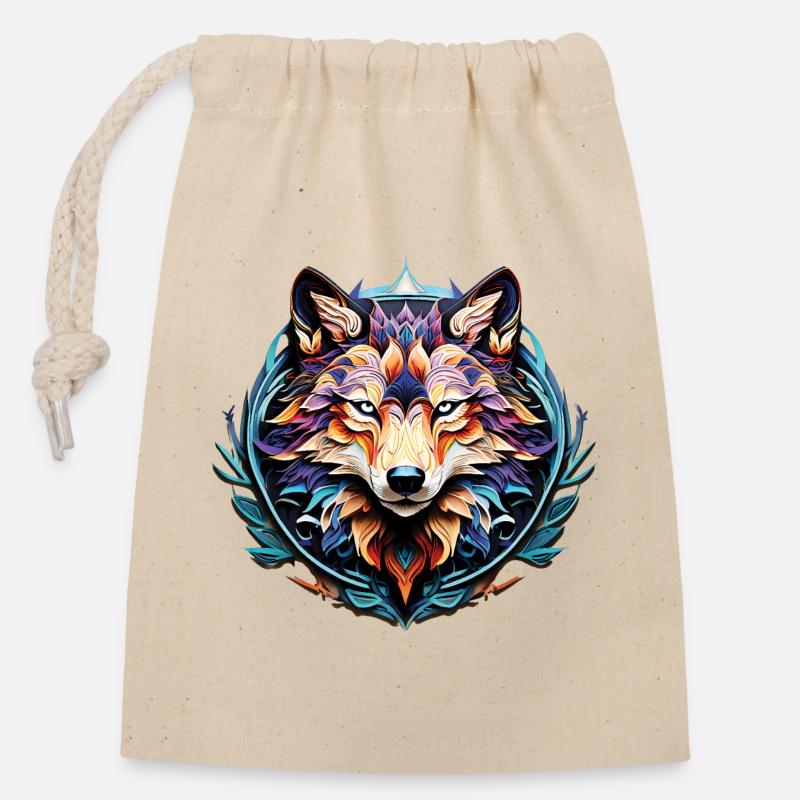 Wolf_02 - Sac cadeau en coton avec cordon (14 x 20 cm) - nature