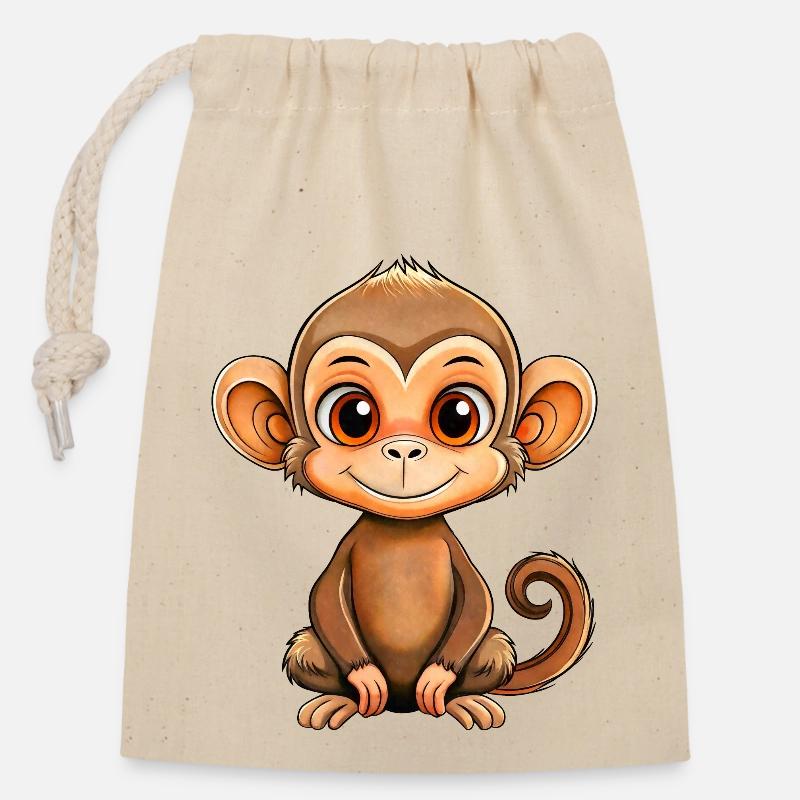 Petit Singe - Sac cadeau en coton avec cordon (14 x 20 cm) - nature