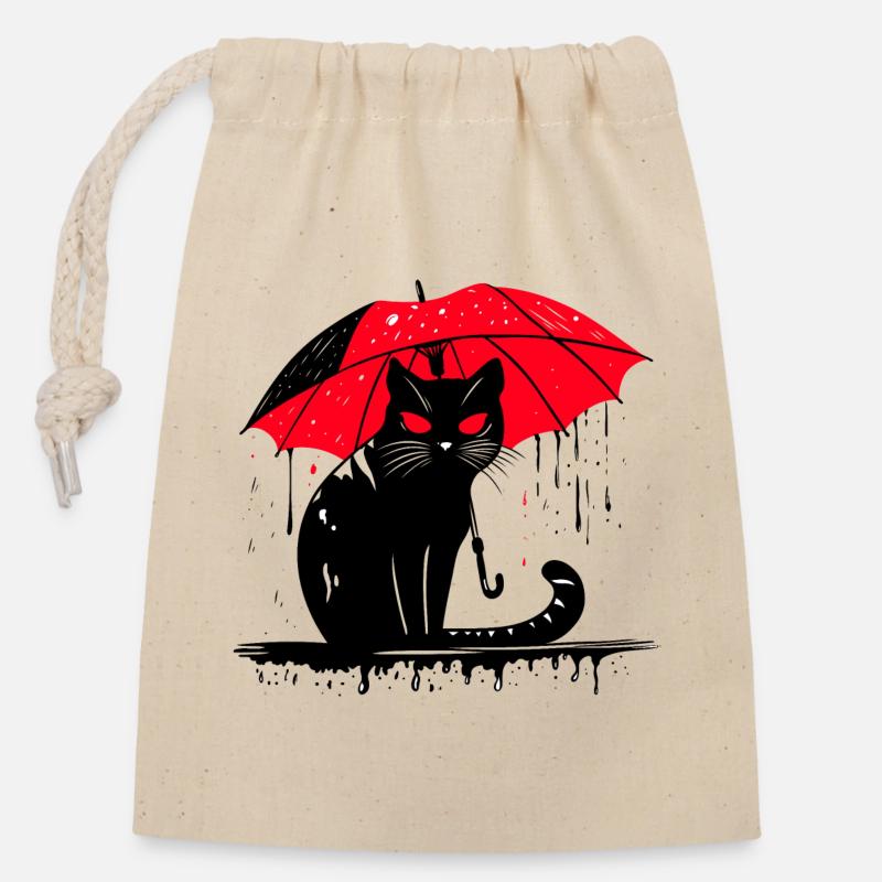 Chat avec parapluie – mauvais temps - Sac cadeau en coton avec cordon (14 x 20 cm) - nature