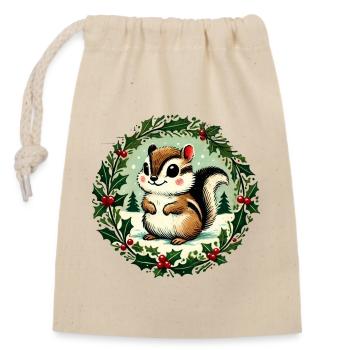 Écureuil festif avec couronne de houx - Sac cadeau en coton avec cordon (14 x 20 cm) - nature - Devant