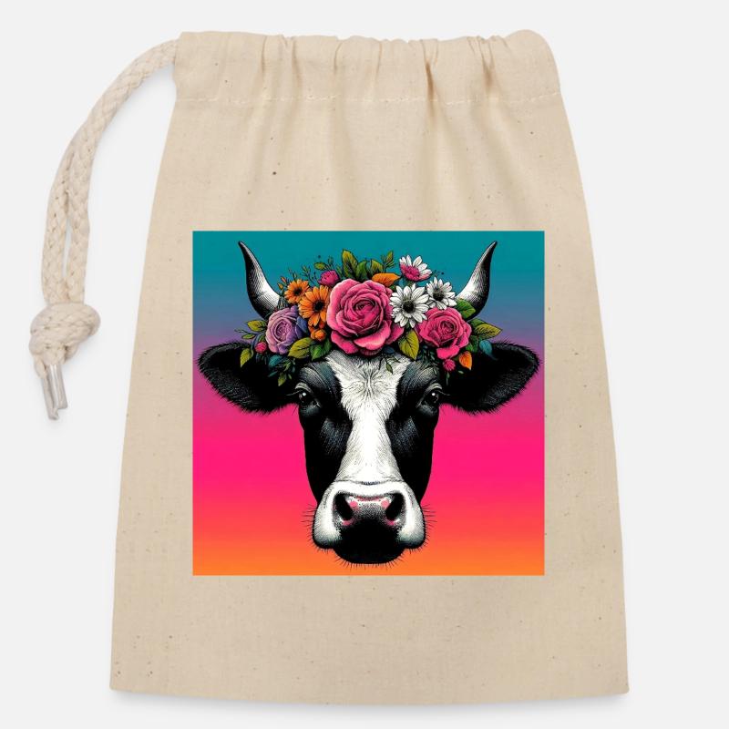 cow - Closable cotton gift bag (14x20cm) - nature