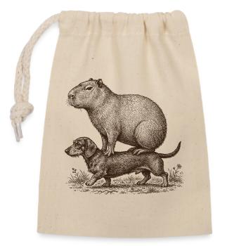 Drôle de capybara chevauchant teckel - Sac cadeau en coton avec cordon (14 x 20 cm) - nature - Devant