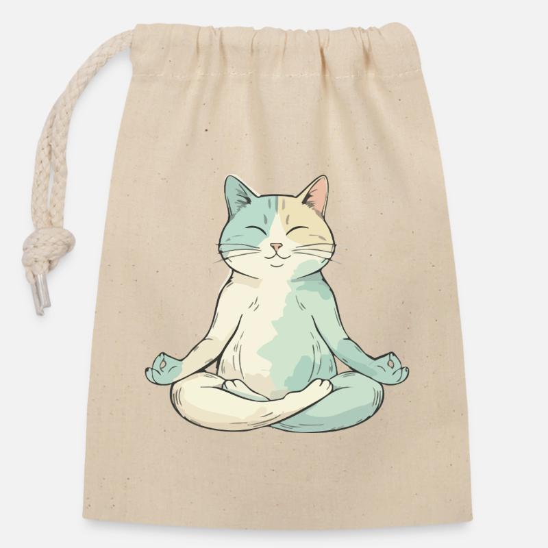 Chat Zen en Méditation - Sac cadeau en coton avec cordon (14 x 20 cm) - nature