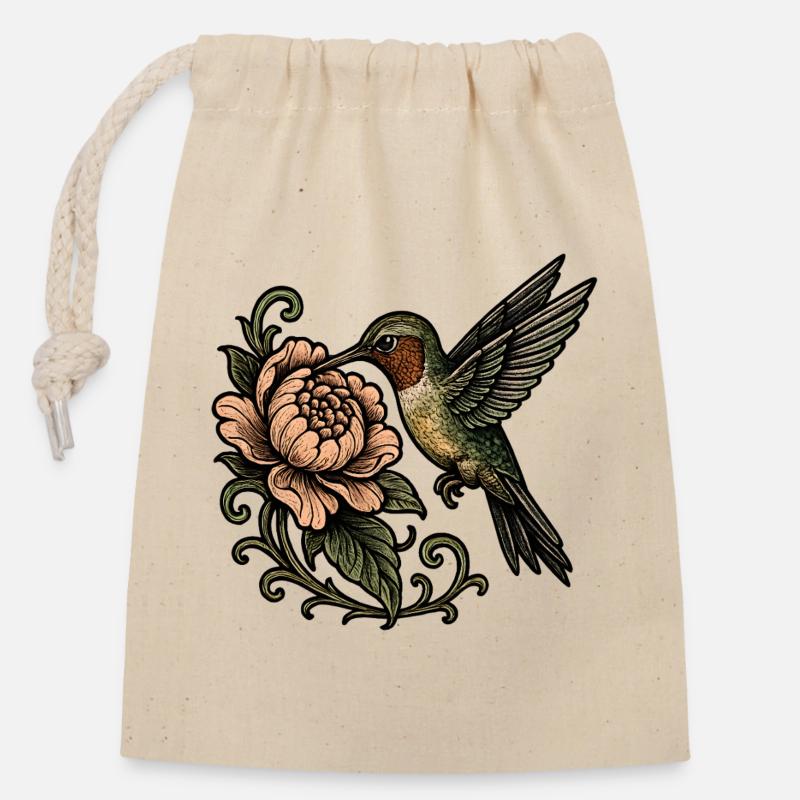 Colibri avec un tatouage vintage rose - Sac cadeau en coton avec cordon (14 x 20 cm) - nature