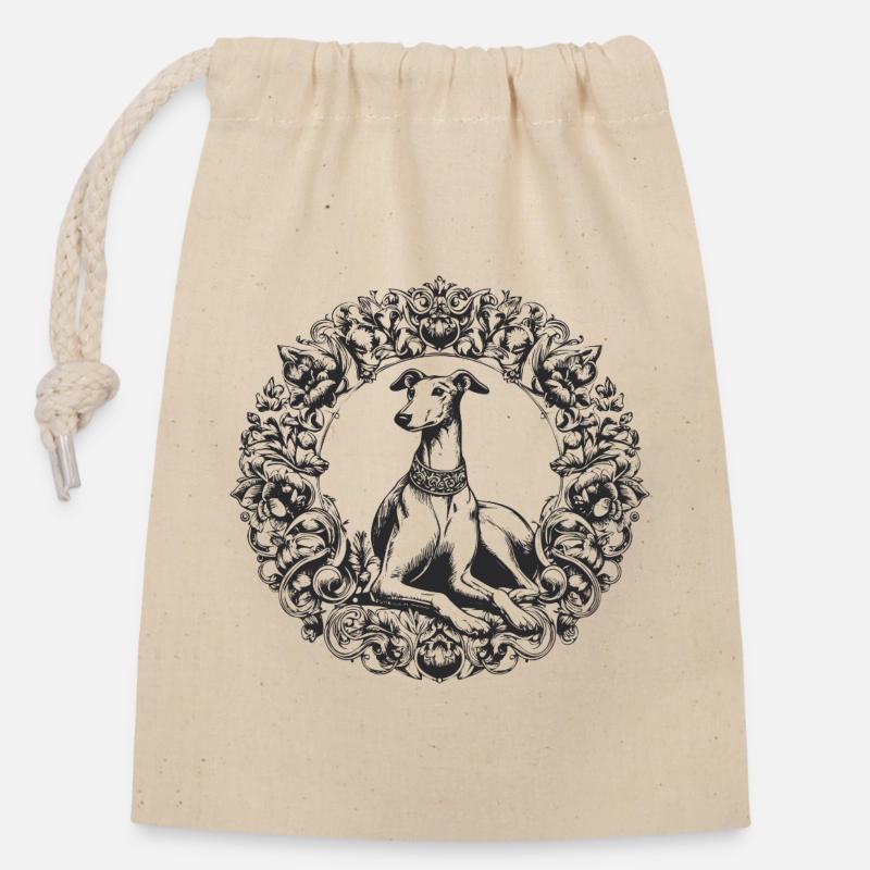 Ornamented greyhound silhouette - Closable cotton gift bag (14x20cm) - nature