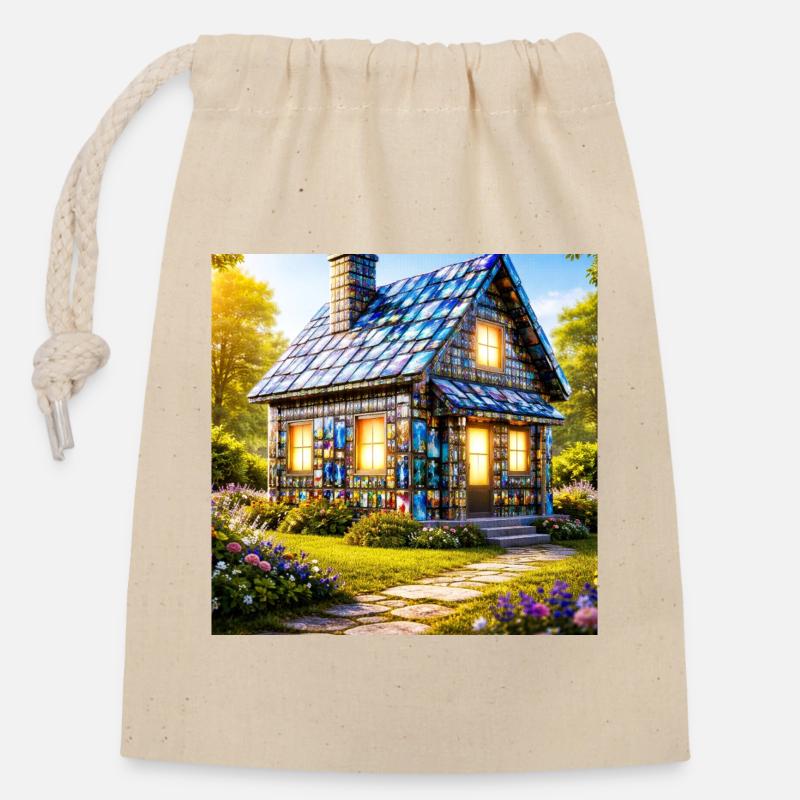Mosaic Cottage: Buntes Haus - Verschließbarer Geschenkbeutel aus Baumwolle (14x20cm) - Natur