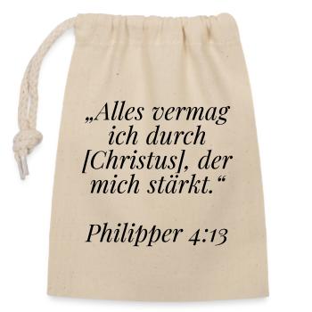 Philipper 4:13 Bibelvers: Alles vermag ich - Verschließbarer Geschenkbeutel aus Baumwolle (14x20cm) - Natur - Vorne