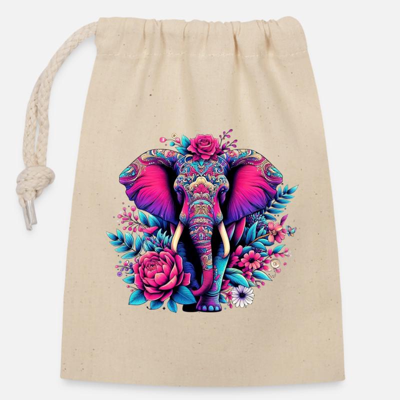 Éléphant - Sac cadeau en coton avec cordon (14 x 20 cm) - nature