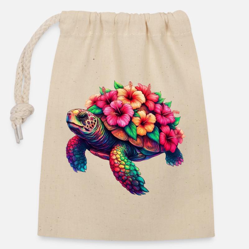 Tortue aux fleurs d’hibiscus - Sac cadeau en coton avec cordon (14 x 20 cm) - nature