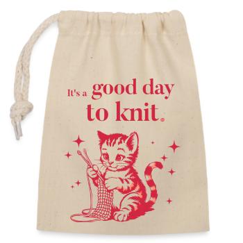 It's a good day to knit - Strickende Katze Shirt - Verschließbarer Geschenkbeutel aus Baumwolle (14x20cm) - Natur - Vorne