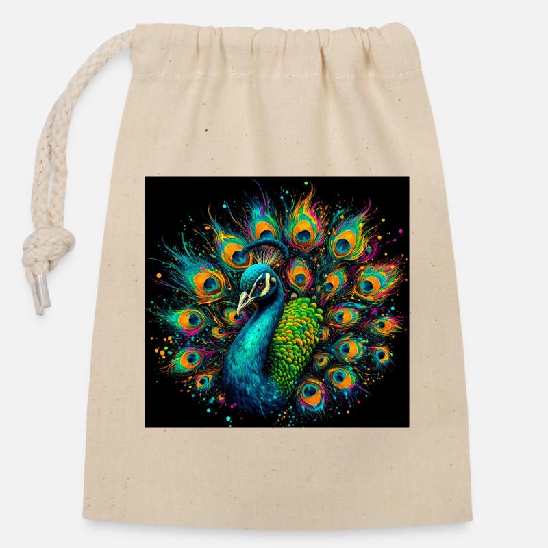 Pfau - Verschließbarer Geschenkbeutel aus Baumwolle (14x20cm) - Natur