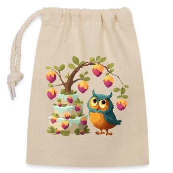 Eule am Obstkuchenbaum - Verschließbarer Geschenkbeutel aus Baumwolle (14x20cm) - Natur - Vorne