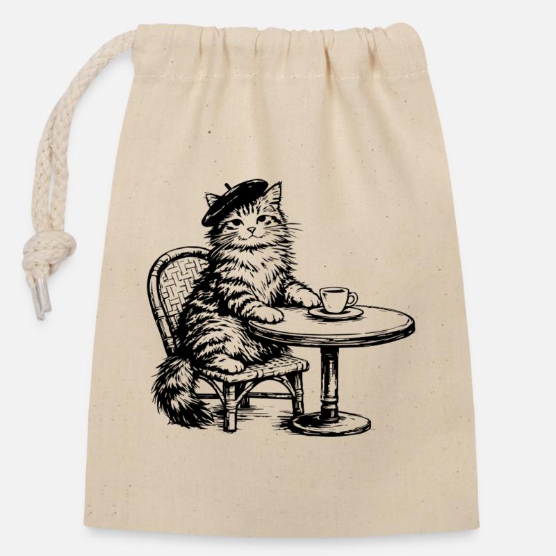 Katze mit Baskenmütze im Café Retro Design - Verschließbarer Geschenkbeutel aus Baumwolle (14x20cm) - Natur