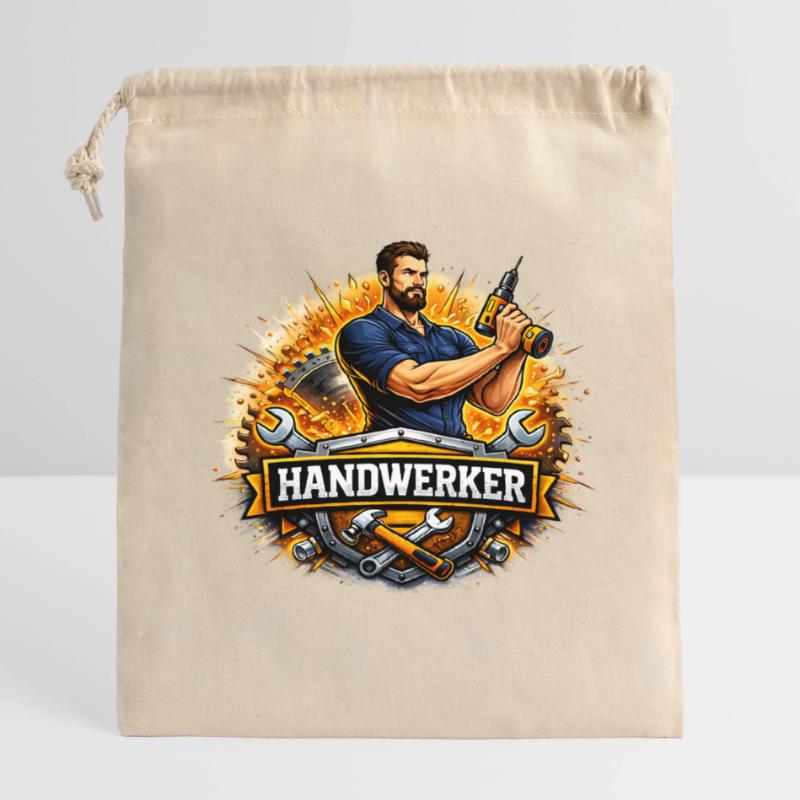 Handwerker Logo – Comic Style mit Bohrer Verschließbarer Geschenkbeutel aus Baumwolle (14x20cm)