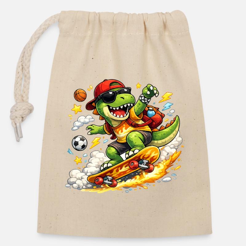 Supercooler Skater-Dinosaurier - Verschließbarer Geschenkbeutel aus Baumwolle (14x20cm) - Natur