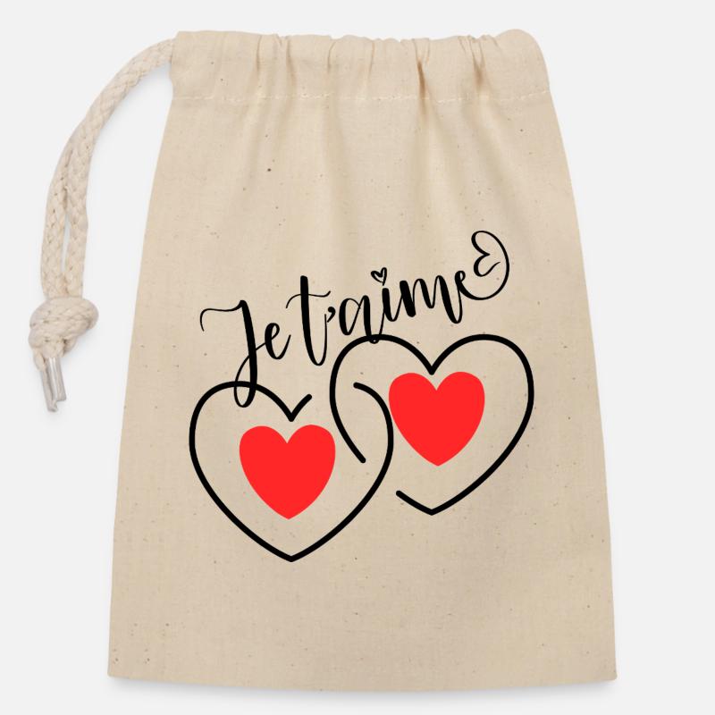 Je T'aime Cœurs entrelacé   - Sac cadeau en coton avec cordon (14 x 20 cm) - nature