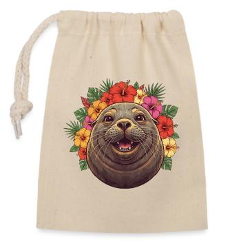 Seal with hibiscus flower wreath - Closable cotton gift bag (14x20cm) - nature - Front