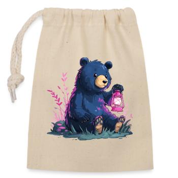Bear with lantern - Closable cotton gift bag (14x20cm) - nature - Front
