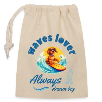 Always dream big: cool dachshund surfs big wave - Closable cotton gift bag (14x20cm) - nature - Front