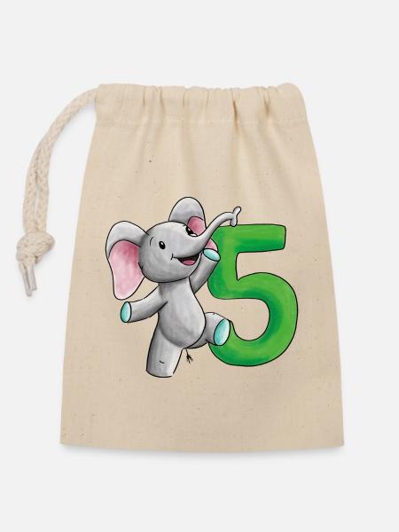 5th Birthday Elephant - Closable cotton gift bag (14x20cm) - nature
