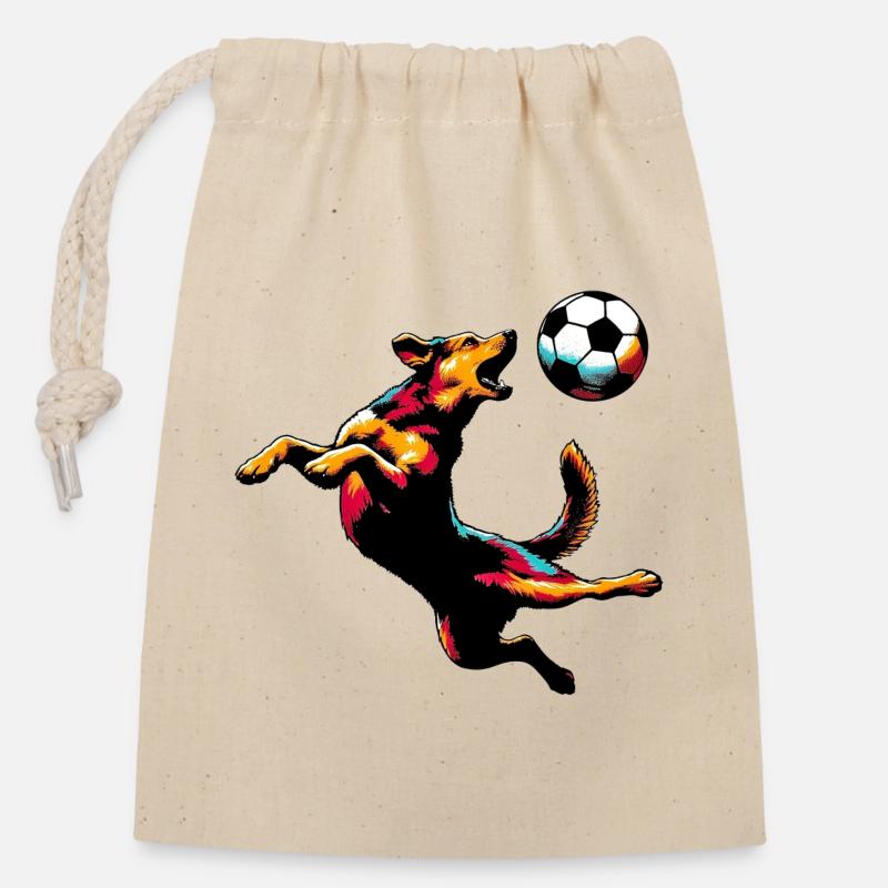 Hund spielt mit einem Fußball - Verschließbarer Geschenkbeutel aus Baumwolle (14x20cm) - Natur