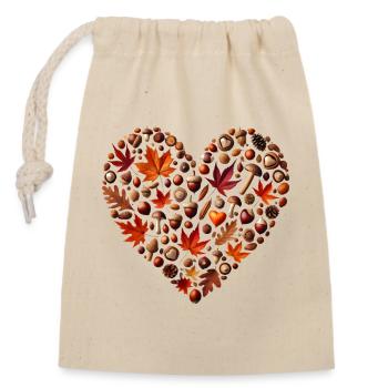 Heart, filled with pumpkins, leaves, nuts and mushrooms - Closable cotton gift bag (14x20cm) - nature - Front