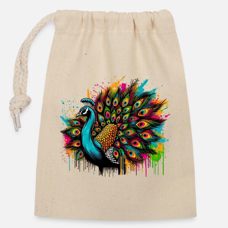 Paon - Sac cadeau en coton avec cordon (14 x 20 cm) - nature