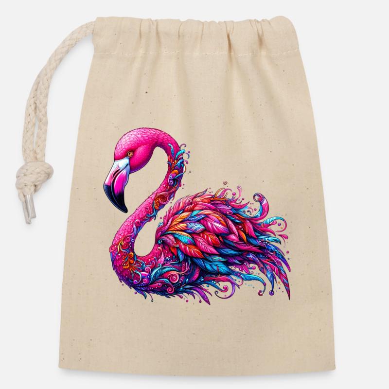 Flamingo - Verschließbarer Geschenkbeutel aus Baumwolle (14x20cm) - Natur