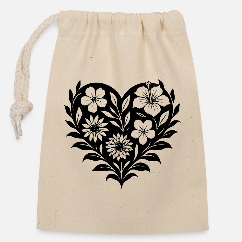 Blumenherz - Blumenmuster Herz auf Schwarz - Verschließbarer Geschenkbeutel aus Baumwolle (14x20cm) - Natur