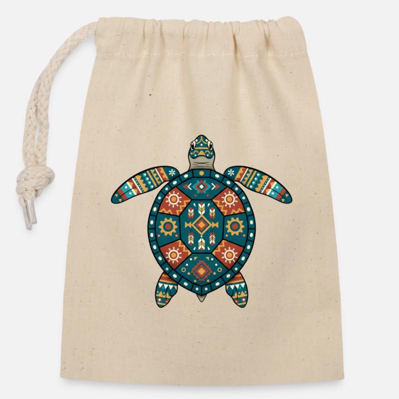 Tortue motifs aztèques - Sac cadeau en coton avec cordon (14 x 20 cm) - nature