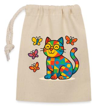 Chat patchwork aux papillons colorés - Sac cadeau en coton avec cordon (14 x 20 cm) - nature - Devant