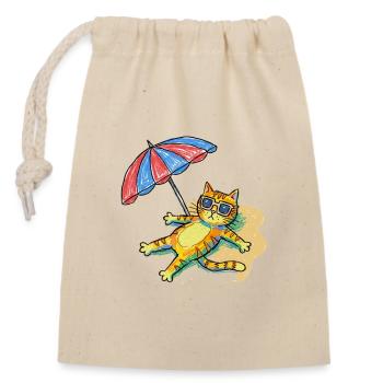Bunte Strandkatze mit Sonnenschirm - Verschließbarer Geschenkbeutel aus Baumwolle (14x20cm) - Natur - Vorne