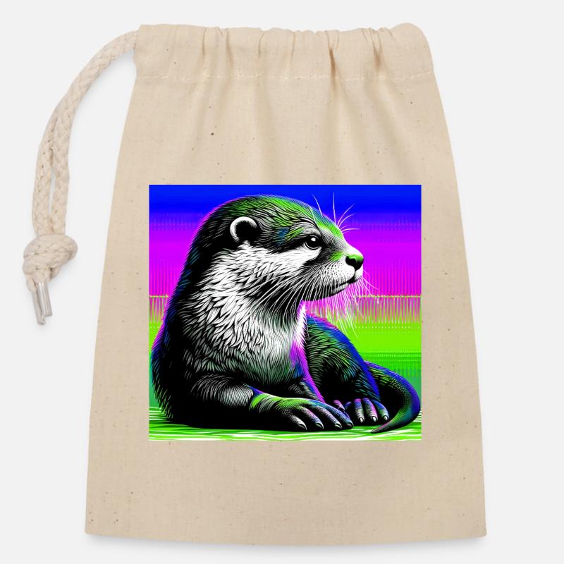 loutre - Sac cadeau en coton avec cordon (14 x 20 cm) - nature