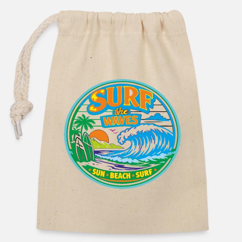 Soleil-Plage-Surf - Sac cadeau en coton avec cordon (14 x 20 cm) - nature