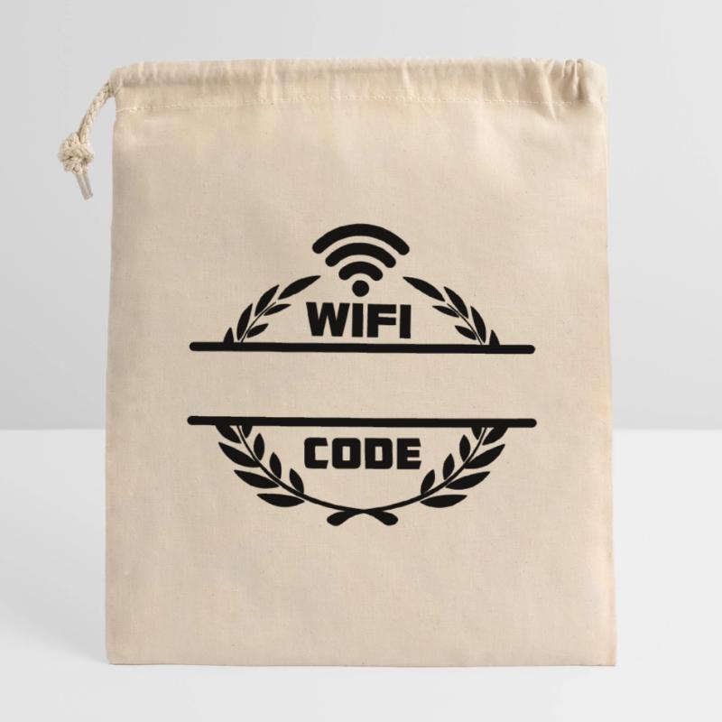 Code wifi dans une couronne de laurier avec barre de texte vierge Sac cadeau en coton avec cordon (14 x 20 cm)